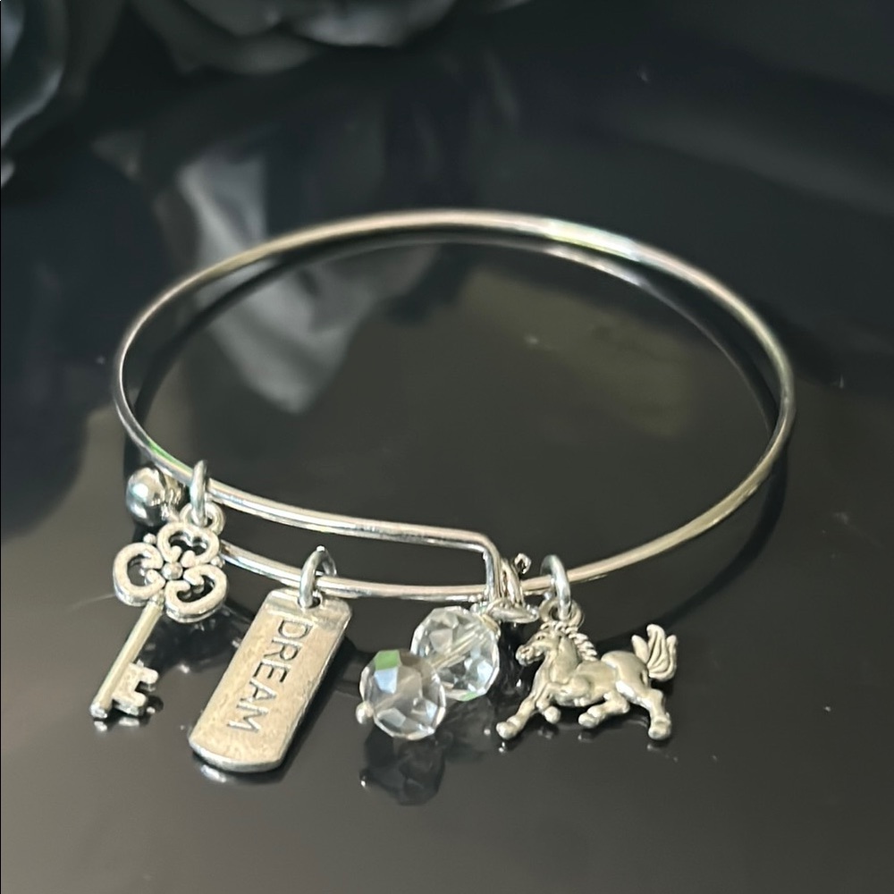 Silver Charm Bracelet with Key and Unicorn - Handmade